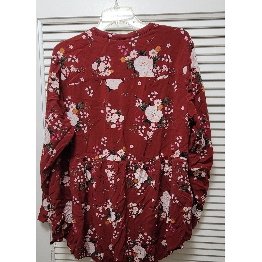 Torrid Womens 3 Floral Button Front Blouse Burgundy Red Rayon Babydoll Top - Picture 5 of 9